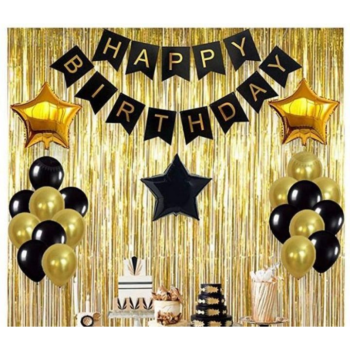 Happy Birthday Golden and Black - Pink Silver - Black and Silver Decoration Setsincluding  Black Banner , Background Curtains , Stars Foil Balloons & Latex Balloons in Golden Black