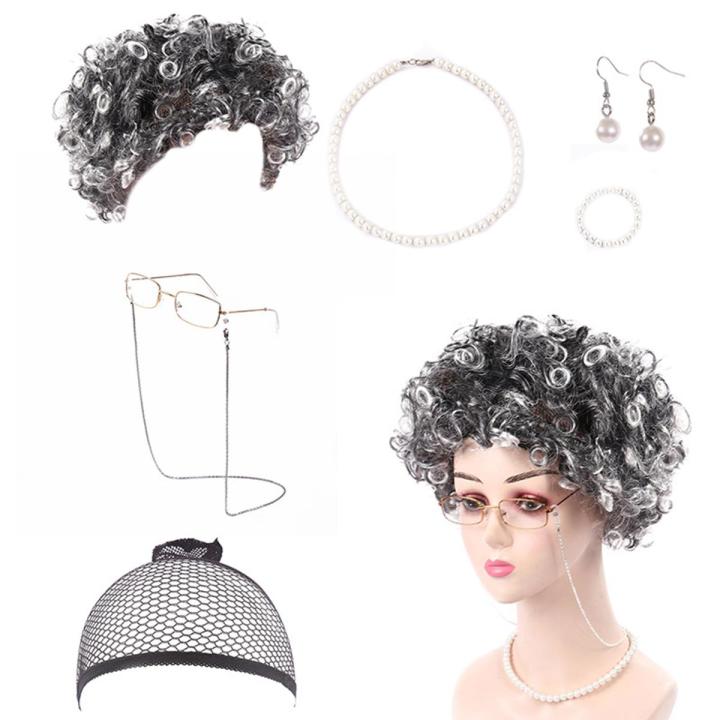 7 Pcs/Set Grandma Old Lady Dress Up Set Granny Costume Wig Adult & Kid Halloween Masquerade