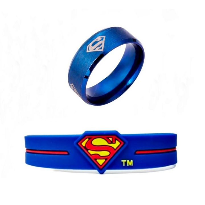 Black And Blue Deal of 2 Superman Logo Rings With Free Superman Band Rubber Bracelets one size, ring size, 17, 18, 19, 20, 21