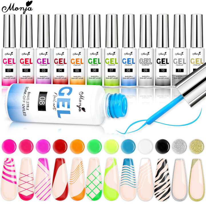 Monja Nail Art Liner Polish 8ml Glitter Glitter Silver Gold Nail Art Painting Manicure Tools DIY Drawing Nail Gel for Line UV LED Required