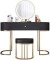 Wooden Dressing Table Set with Mirror, Tufted Stool, Wall Dresser Design, and Drawer Dresser Combo. 