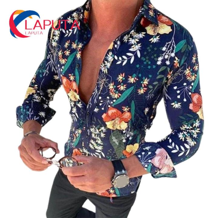 Men Shirt Slim Fit Floral Print Single-breasted Men Shirt