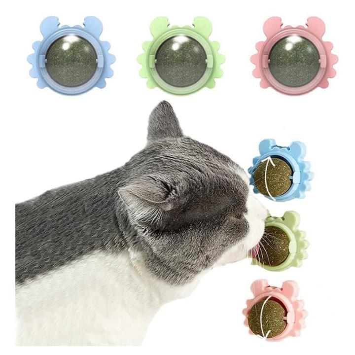 3PCS Catnip Wall Ball Cat Toys Edible Cat Licking Toy Cat Chew Toy Teeth Cleaning Cat Bite Toy Rotatable Indoor Cat Toy