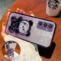 For Samsung Galaxy S24 / S24 Plus / S24 Ultra Back Cover with 3D Bear Hidden Stand Bracket Luxury 6D Gradient Shiny Plating Glitter Women Phone Case Clear Soft Silicone Protective Cases Pouch Girls. 