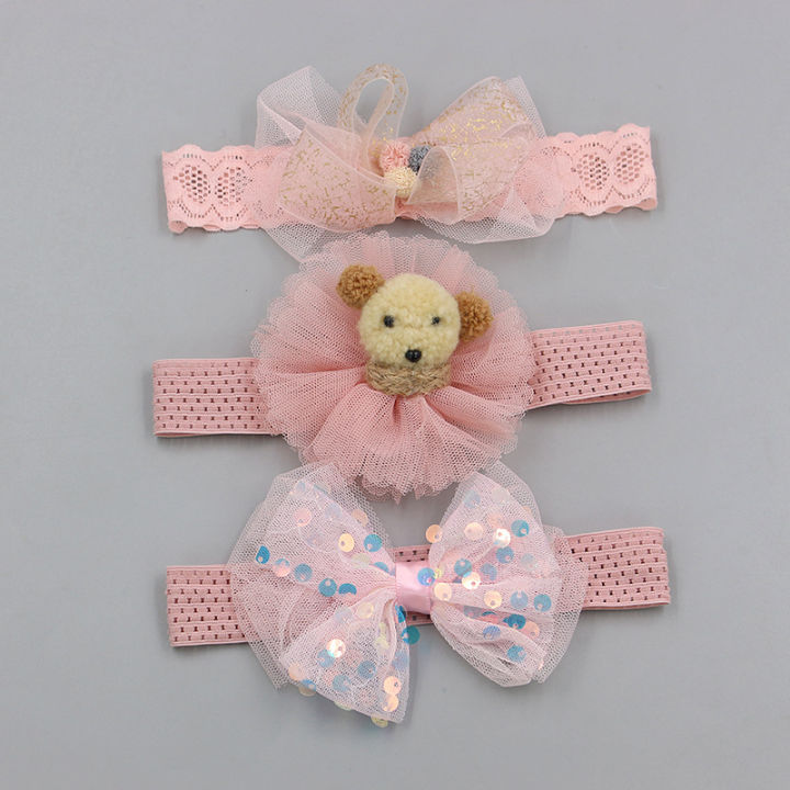 【Exclusive Offer】 3Pc/et 【Exclusive Offer】born Baby Headband Cute Lace Flower Bow Elatic Hairband Crown Kid Headwear Prince Baby Girl Hair Acceorie