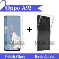 Oppo A92 Tempered Glass Screen Protector Polish Glass and Back Cover Soft Crystal Clear Transparent Case 2-in-1 Combo. 