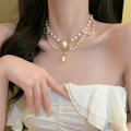 Multi-Layer White Pearl Heart Necklace Vintage Pearl Choker Necklace for Women Elegant Bowknot Pendant Wedding Necklace Jewelry. 