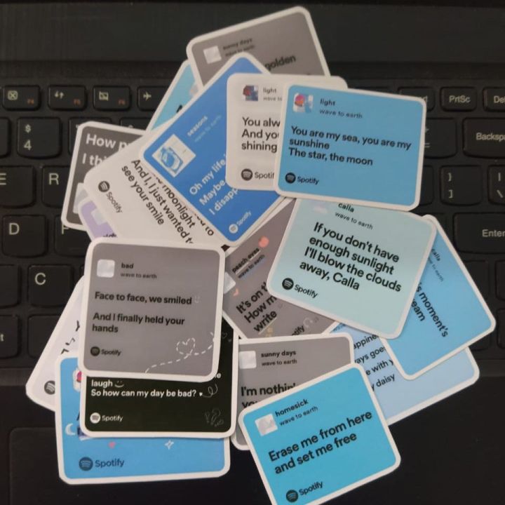 20 pcs WAVE TO EARTH SPOTIFY LYRICS sticker pack based on popular songs sunny days bad light ride seasons ideal for  dairies, notebooks, journaling, phone cases, guitars, gifting and perfect for music lovers