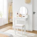 Industrial Style Dressing Table Set with Round Mirror, Padded Stool, and 5 Drawers - Elegant Wooden Dresser with Tufted Stool for a Stylish and Functional Makeup Haven. 