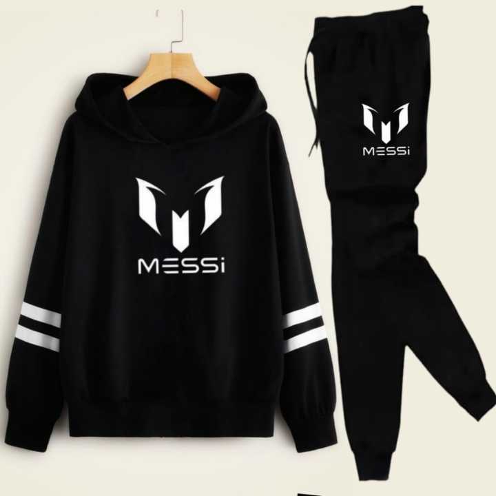 Black Double Stripe Messi Printed Tracksuit For Men - Comfy & Cozy Printed Winter Hoodies For Men