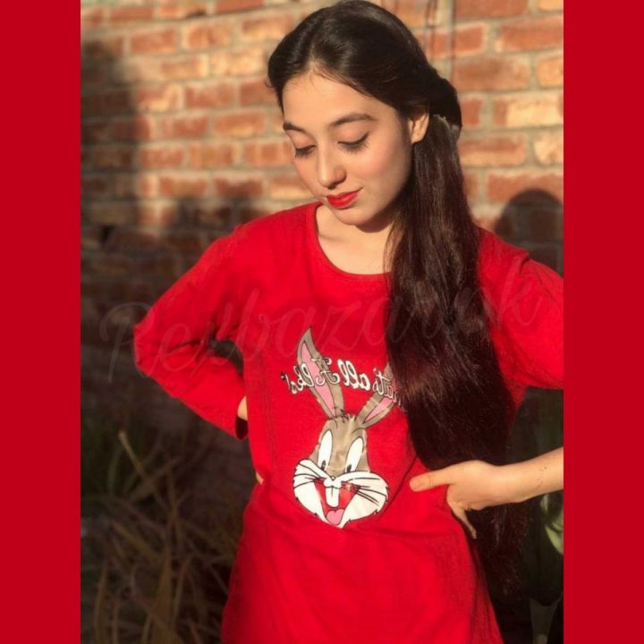 Red Rabbit with Check Print Full Sleeves Night Suit for Her