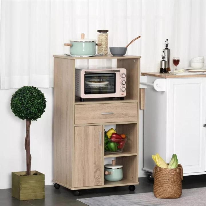 Microwave kitchen trolley storage sideboard with 4 wheels and brakes drawer open shelves 42x16x24 HxWxL inch Oak Customized