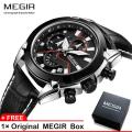 Top Brand  Men Watch MEGIR 2065 Men Quartz Watch  Creative  Leather Chronograph Army Military Sport Watches Clock. 