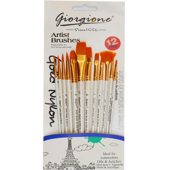 Giorgione Paint Brush Set of 12 Mix Brushes,Nylon Hair Brushes for Oil Watercolor Painting, Face Body Model Paint, Nail Art, Miniature Detailing & Rock Painting