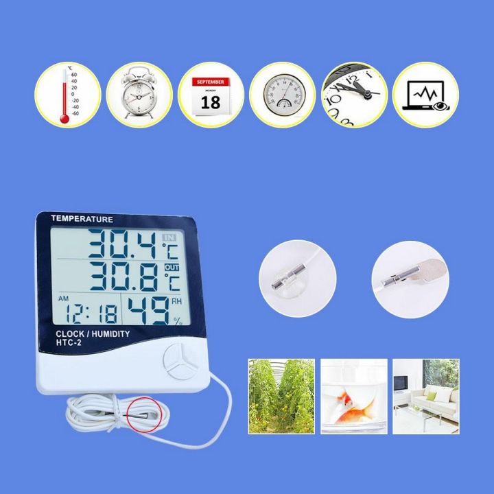 HTC-2 Digital LCD Thermometer Hygrometer Electronic Temperature Humidity Meter Weather Station Indoor Outdoor Tester Alarm Clock