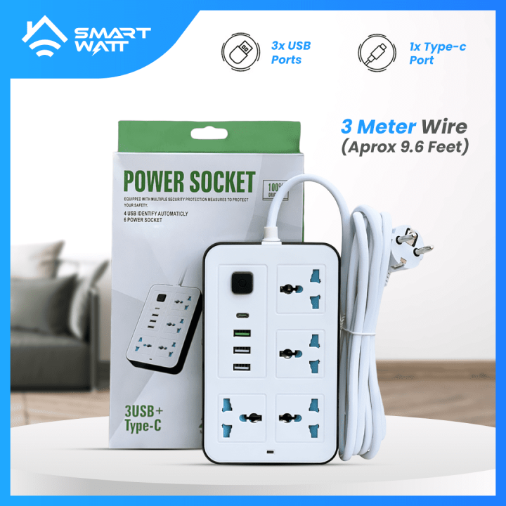 High Quality Power Strip Extension Board 4 Sockets + 3 USB + 1 Type-C Port, 2000W Load capacity , 9.5 Feet Heavy Duty Copper Wire, Wide Space, Strong Grip, On-board Indication Light, Ideal for Home and Office Use