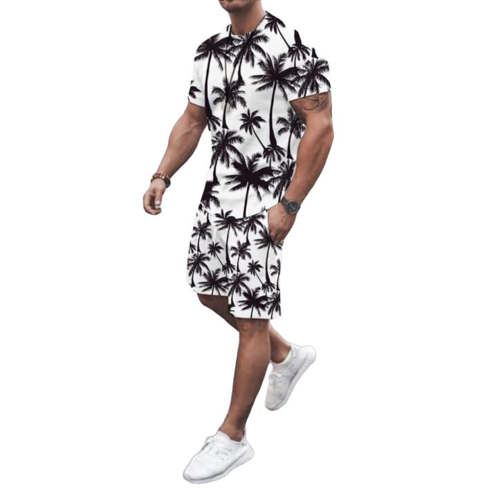 Summer Men's Tree Digital Printed White Short Tracksuit