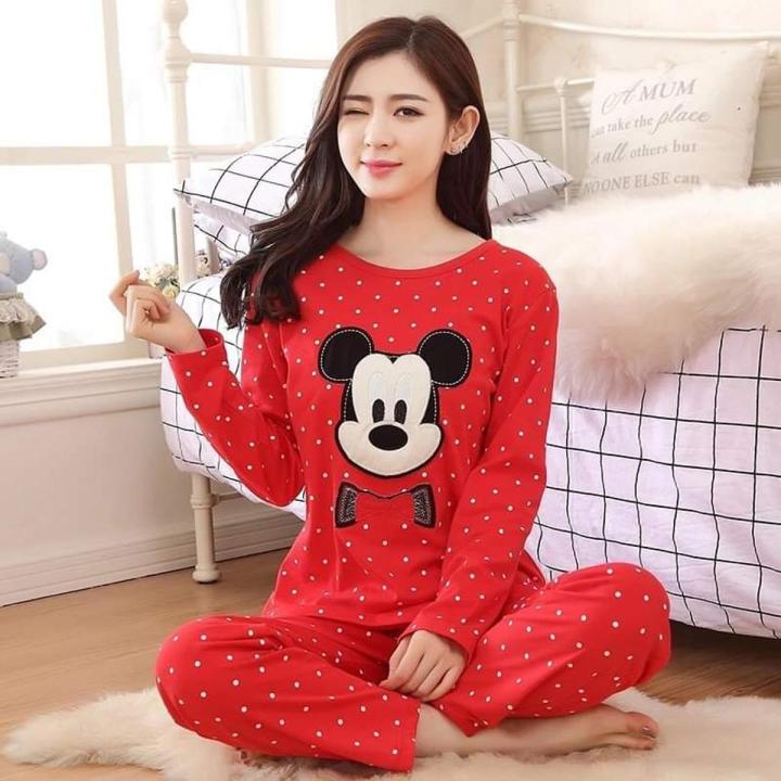 Red Colour Multi Funny Minnie Mouse Design Full Sleeves Ladies Night Suit For Womens