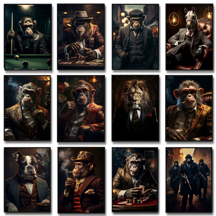 Gangster Monkey Smoking Lion Playing Billiards Posters Prints Canvas Painting Giraffe Animal Wall Art Picture Room Home Decor
