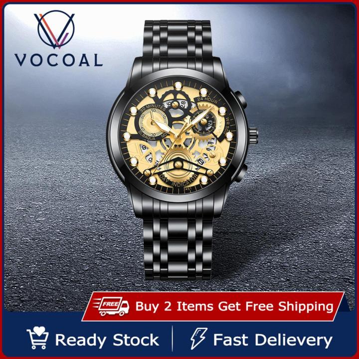 Vocoal Gold Top Brands Men Wristwatches Waterproof Luxury Golden Wrist Watch For Male Clock Gifts Three-Eye Decoration Watch Luminous Wrist Watches with Calendar For Men