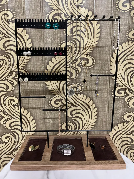 Premium%20Jewelery%20Stand%20Wooden%20Tray%20+%20Metal%20Rack%20Holder%20Organizer%20Rustic%20Wood%20Stand%20Tree%20Holes%20Display%20Rack%20for%20Stud%20Earings%20Rings%20Makeup%20&%20Hoop%20-%20Image%202