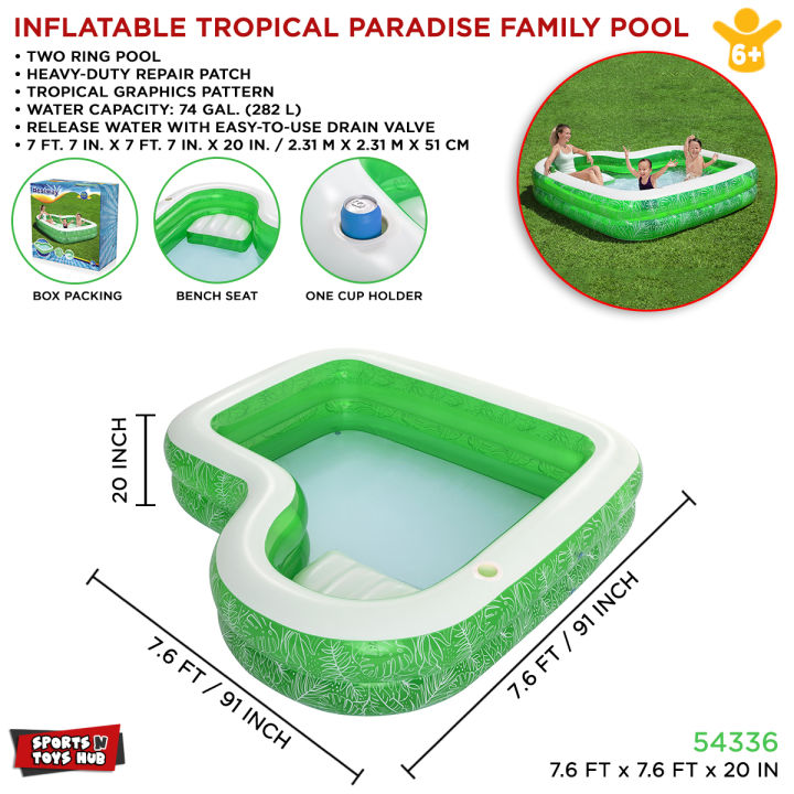 7.5 Ft Bestway Tropical Paradise Family Swimming Pool For Kids & Family 91 Inch Inflatable Printed Side Wall Bench Seat & Cup Holder Pool Summer Season Pools Party With Inflatable Vinyl Deep Pool with 20 Inch Depth 7.5 foot Width & 7.6 ft Length 54336
