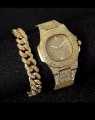 1pc Men Rhinestone Decor Square Pointer Quartz Watch & 1pc Bracelet. 