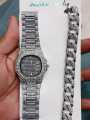 1pc Men Rhinestone Decor Square Pointer Quartz Watch & 1pc Bracelet. 