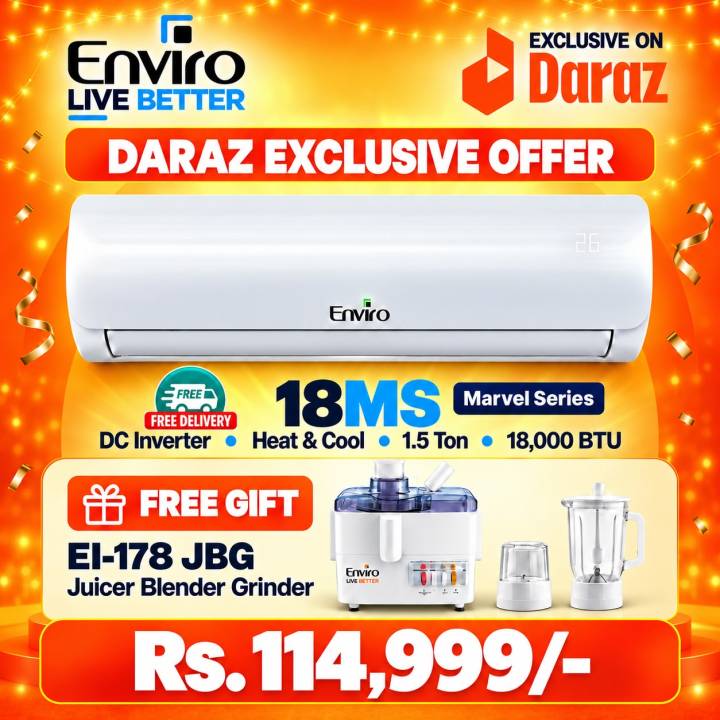 Enviro Marvel Series EAC-18MS H&C 1.5 Ton DC Inverter Air Conditioner, 18,000 BTU, T3 Compressor, Heat & Cool, Up to 75% Energy Saving, 4D Air Throw + EI-178 3-in-1 Juicer Blender Grinder Gift