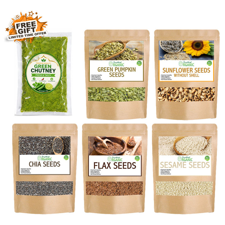 Bundle Of 5 Green Pumpkin Seeds Without Shell | Sunflower Seeds Without Shell | Flexseeds | White Sesame Seeds | Chia Seeds PCOS Seeds Cyling Kit with Free Gift