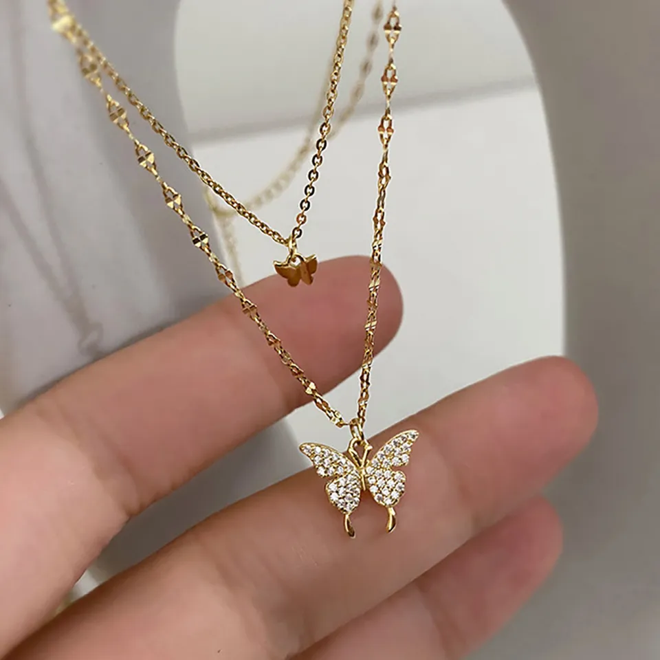 Shiny Double Butterfly Necklace For Girls Exquisite Double Clavicle Chain Necklace For Women Gifts Crystal Elegant Design Fashion Exquisite Holiday Gifts For Party Banquets
