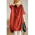 Women Linen Shirt Retro Button Design Half-sleeve Solid Color Casual Mid-length Blouse Tops. 