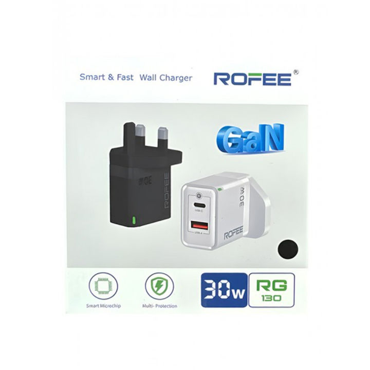 Rofee RG-130 Smart & Fast Dual Port USB-A&C 30W Wall GaN Charger Without Cable 3 Pin