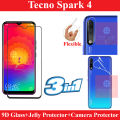 Tecno Spark 4 Full Black 9D|5D|6D|10D|11D|21D Tempered Glass Screen Protector Full Glue Edge To Edge + Back Camera 9H Gorilla Flexible Protector + Back Jelly Protector Clear Soft Protection Film Transparent Hydrogel Film Protector For Tecno Spark 4. 