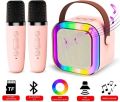 K12 Wireless Mic With Speaker  Dancing Light Karaoke Mic  - Single / Double RGB 7 ColourWith Portable Bluetooth Microphone For Recording With Speaker For Music - 3 in 1 USB / AUX / SD Card Slot Karaoke Handheld Microphone - Black, Blue & Pink Colours. 