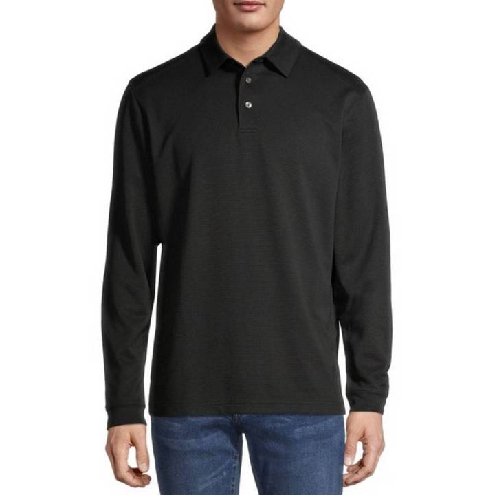 Black Men's Long Sleeve Micro Ottoman Polo