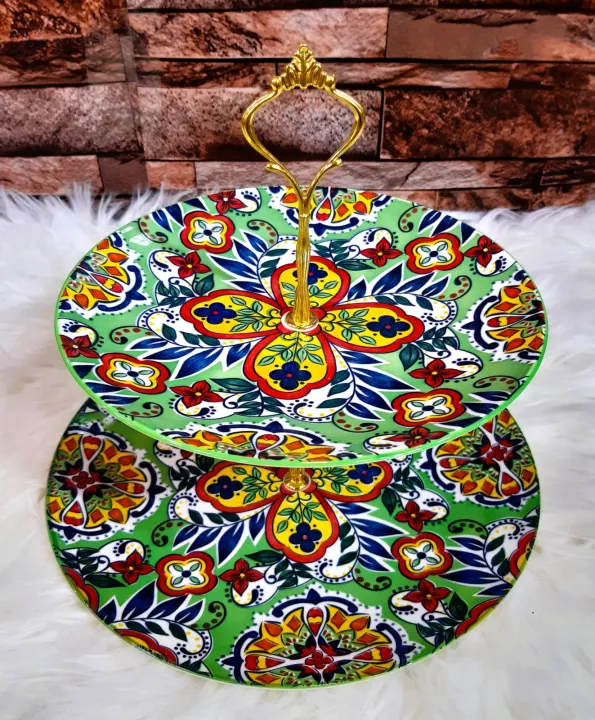 Ceramic%20Fruit%20Bowl%20Cake%20Stand%202%20Tier%20Serving%20Platter%20with%20Round%20Glass%20Plate%20&%20Golden%20Stainless%20Steel%20Holder%20for%20Birthday/Party/Wedding%20-%20Image%202