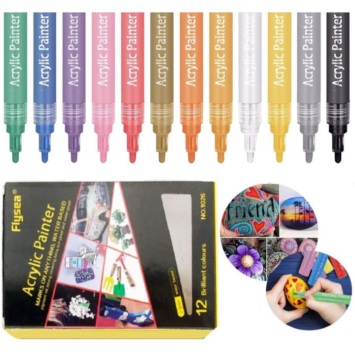 Acrylic Paint Marker Pens, 12 Vibrant Color Permanent Art Markers for Adult & Kids Rock Painting, Ceramic, Porcelain, Glass, Stones, Pebbles, Fabric,...
