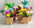 Artificial Flower Pots Set of 2 - Golden & White Elegant Small Table Vase, Decorative Flowers & Leaves for Home and Office Decoration, 10 Inches. 