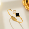 Four Leaf Clover Black and White Bangle Bracelet Trending Korean Bracelet for Girls Handcuff Bracelet for Women – Anti-Tarnish Stainless Steel Jewelry for Luck & Style. 