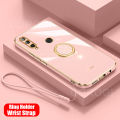 For Huawei Honor 10i Back Cover with Ring Holder Stand + Wrist Strap Shiny Plating Square Bumper Protective Case Soft Silicone Shockproof Mobile Phone Cases. 