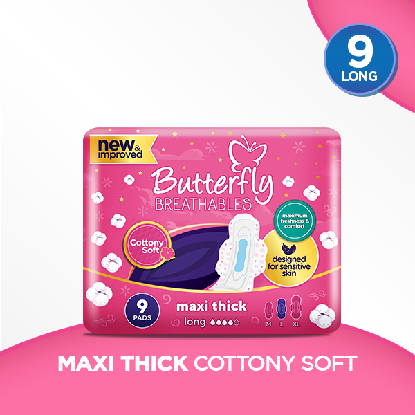 Butterfly Breathables Maxi Thick Cottony Soft Sanitary Pads Long 9 Pcs