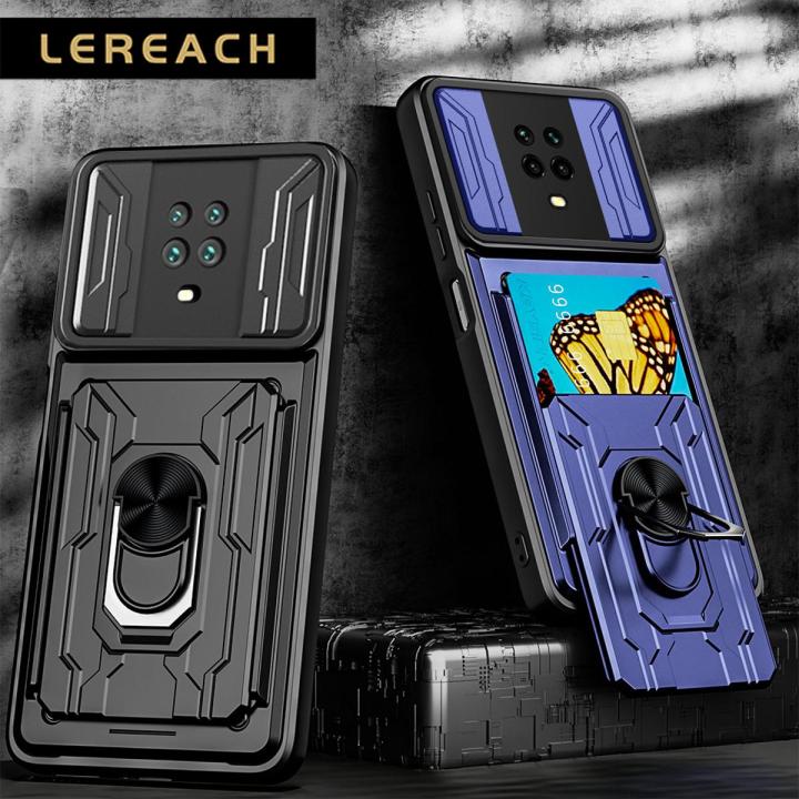 Lereach Case for Xiaomi Redmi Note 9S / Note 9 Pro Camera Armor Protection Phone Case TPU + PC Ring Light With Card Slot Stand and Phone Holder Shockproof Back Cover