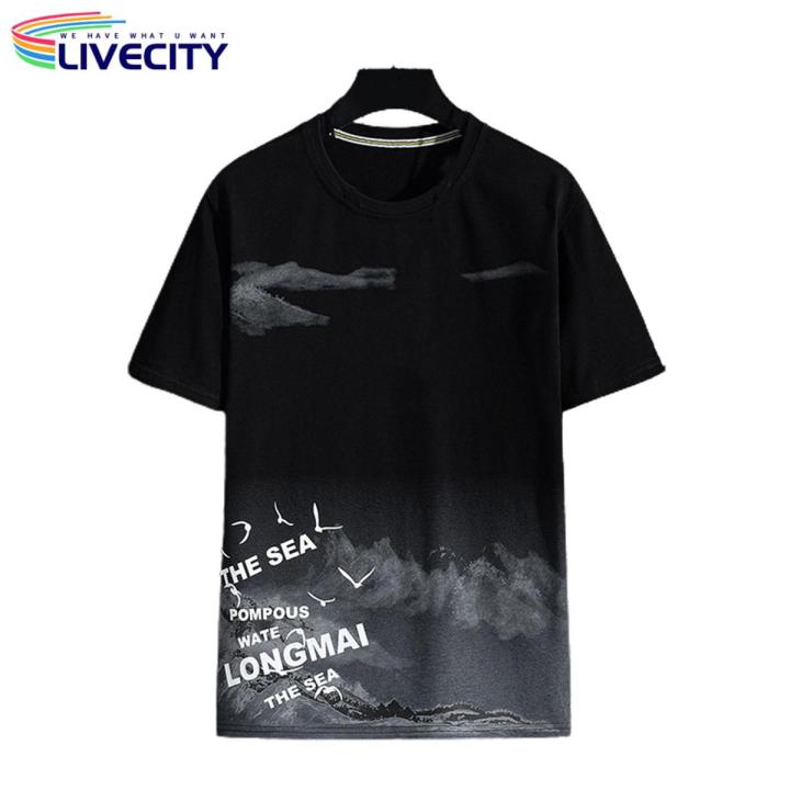 Summer T-shirt Artistic Mountain Pattern Round Neck Men Tops