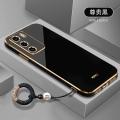 For OPPO A16 Back Cover with Non-Slip Rope Pull Ring Shiny Plating Square Bumper Protective Case Camera Lens Protection Soft Silicone Shockproof Mobile Phone Cases. 