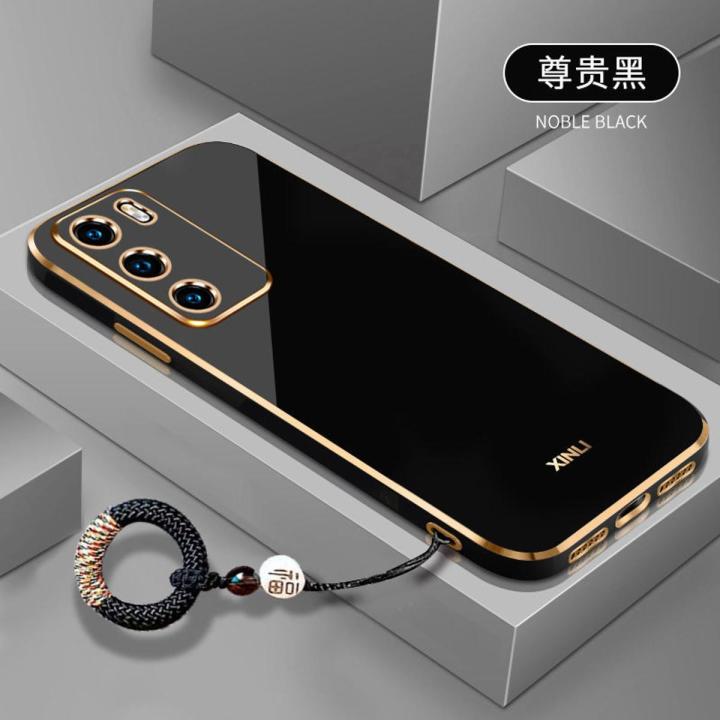 For OPPO A16 Back Cover with Non-Slip Rope Pull Ring Shiny Plating Square Bumper Protective Case Camera Lens Protection Soft Silicone Shockproof Mobile Phone Cases