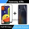 Samsung A50s Full Black 9D Edge to Edge(Full Glue) Tempered Glass Screen Protector + Back Clear Jelly Protector Transparent Soft Film Protection Hydrogel Film Protector For Galaxy A50s. 