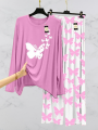 Buterfly Printed Mustard Color Lounge Wear Nightwear Sleepwear With Heart Prinred Trouser For Women By Aua Garments. 