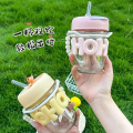 Portable 350ml Clear Glass Cup with Straw – Cute INS Girls Heat-Resistant Travel Drinking Bottle. 