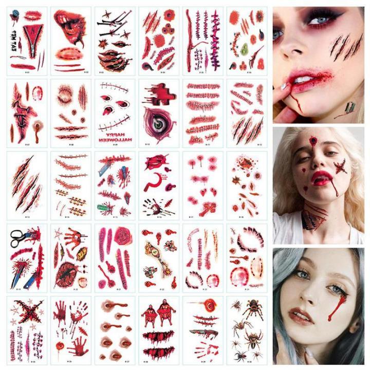 30PCS Bleeding Wound Scar Blood Temporary Tattoos Fake Bloody Stickers For Halloween Party Cosplay Costume